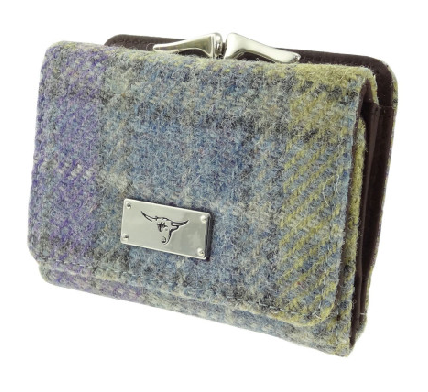 Women's Harris Tweed Blue Check Real Leather Bifold Wallet, Card Holder with Zipper Coin Purse